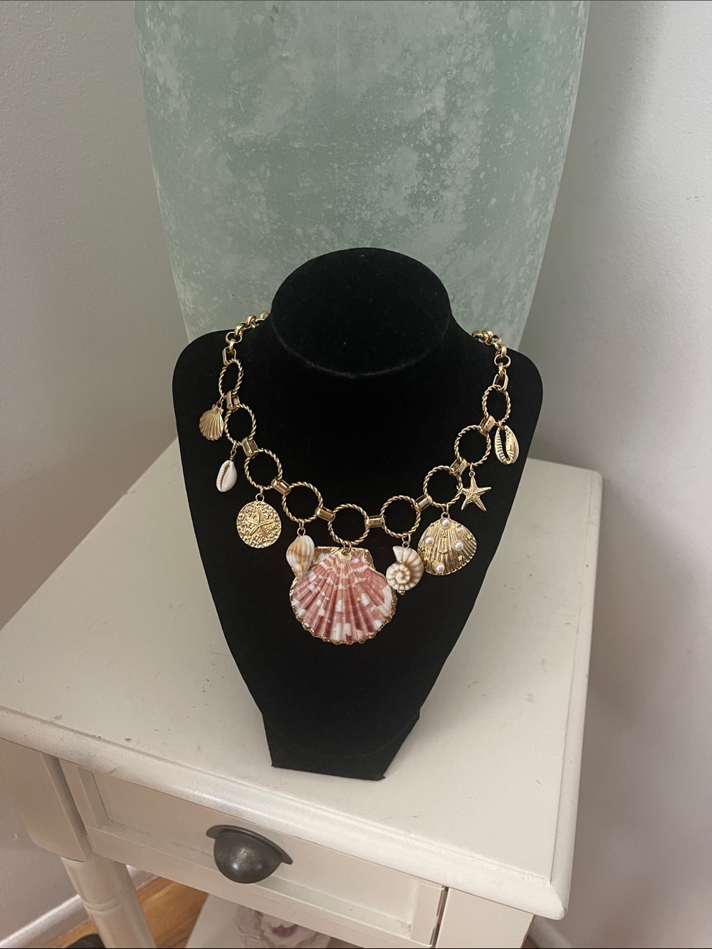Gold Seashell Charm Necklace with Pink Shell Pendant